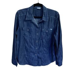 Calvin Klein Women's Medium Dark Denim Long Sleeve Button Up and Collared Shirt